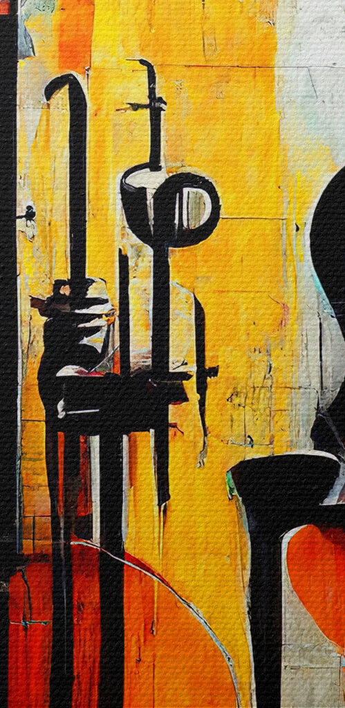 A painting of guitars and instruments