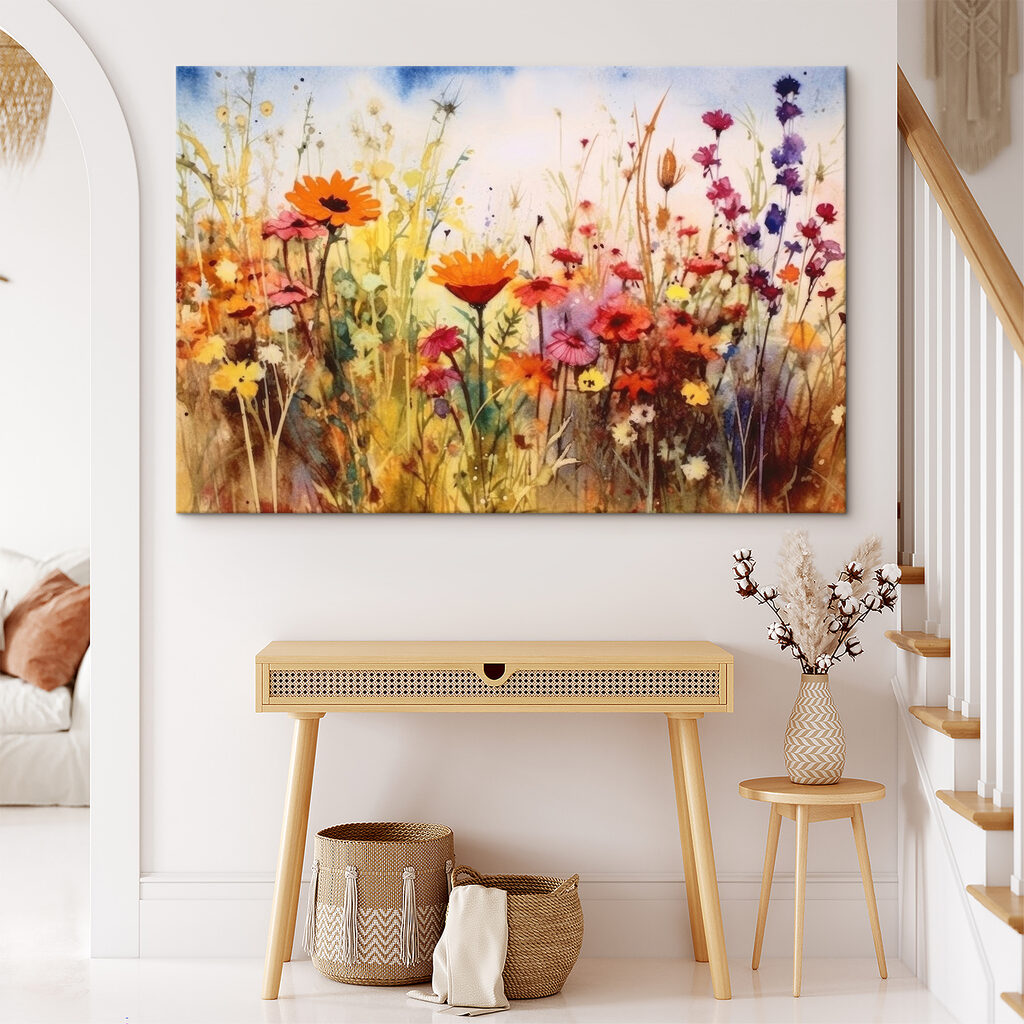 A painting of flowers in a field A painting of flowers in a field