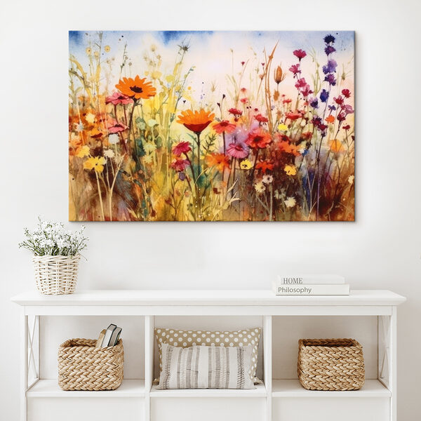 A painting of flowers in a field A painting of flowers in a field