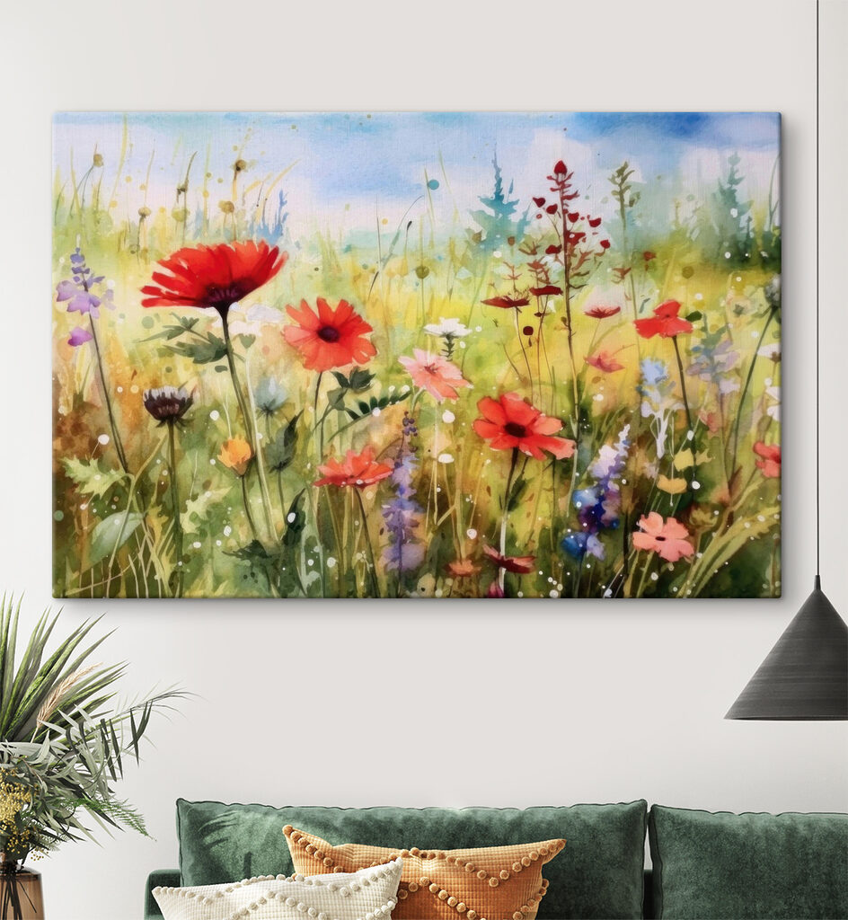 A painting of flowers in a field A painting of flowers in a field