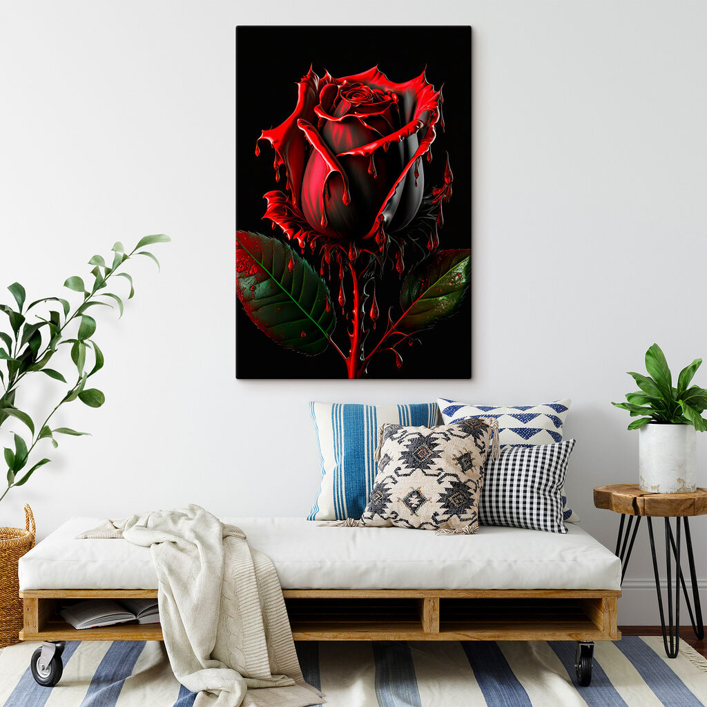 A red rose with green leaves and dripping red paint A red rose with green leaves and dripping red paint