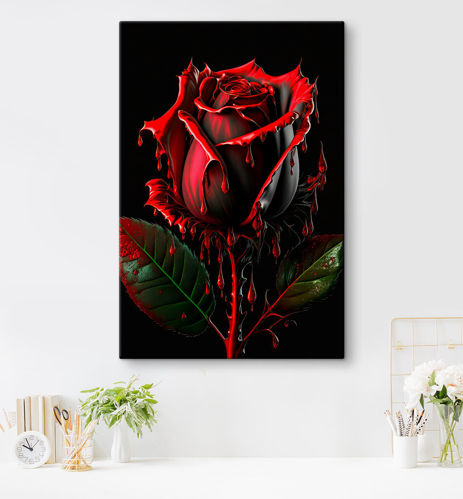 A red rose with green leaves and dripping red paint A red rose with green leaves and dripping red paint