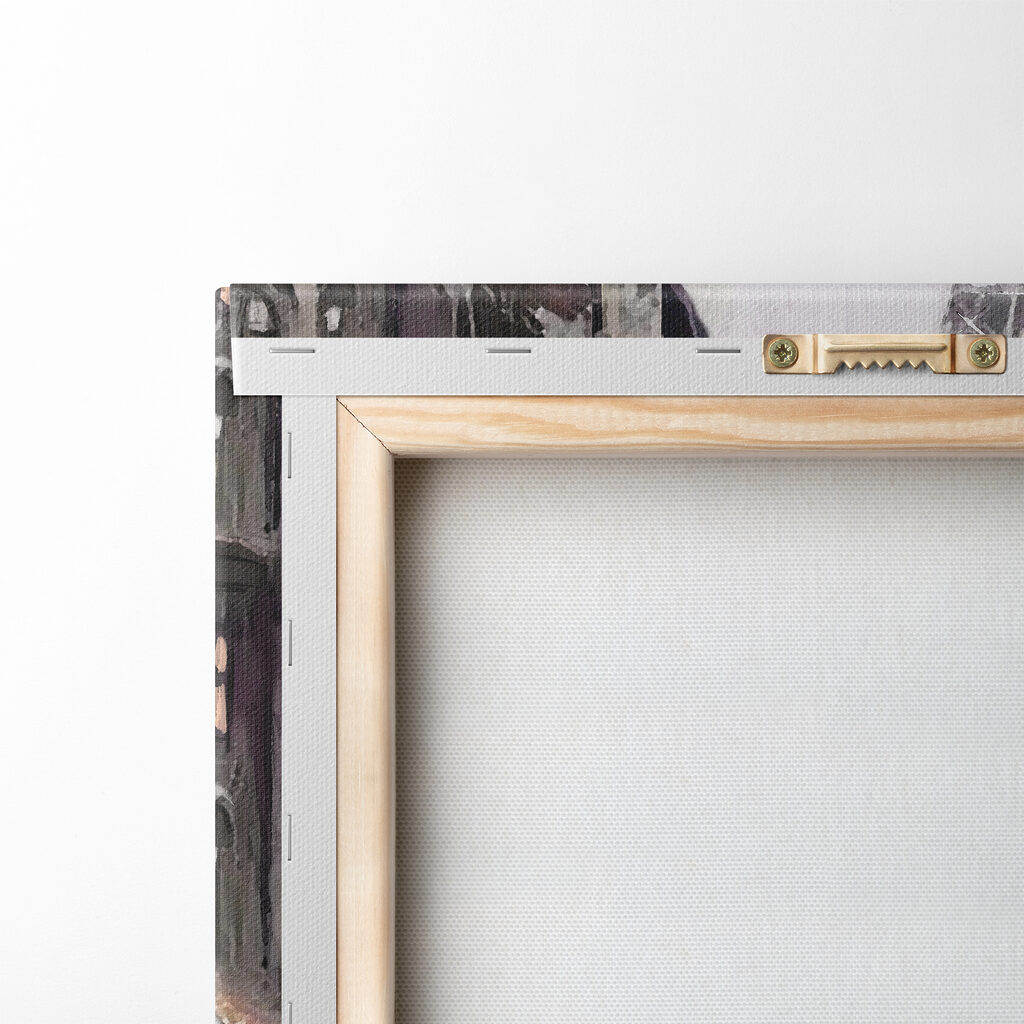 A painting of people walking with umbrellas in a city