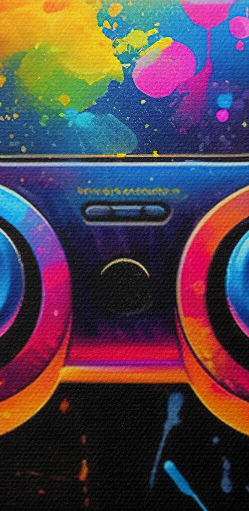 A video game controller with colorful paint splatters