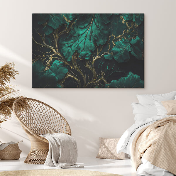 Elegantné teal listy s kovovými žilkami Elegantné teal listy s kovovými žilkami