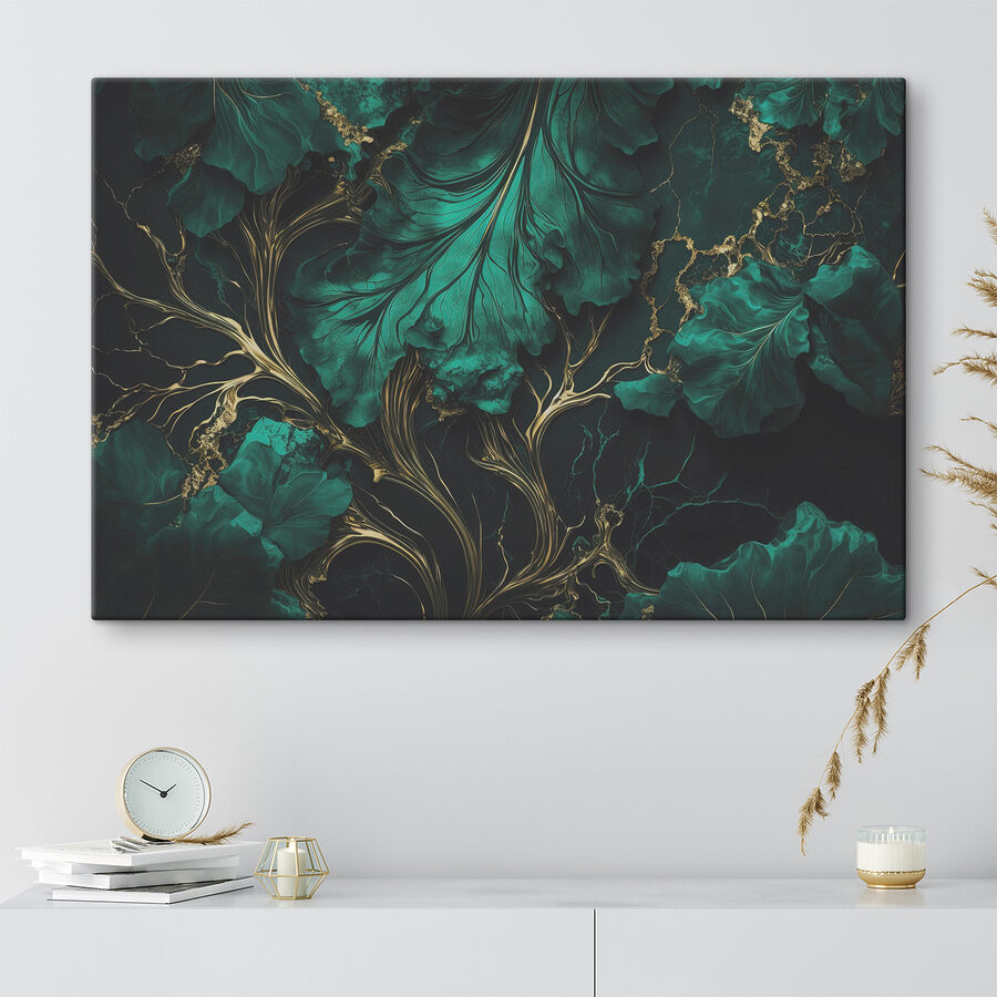 Elegantné teal listy s kovovými žilkami Elegantné teal listy s kovovými žilkami