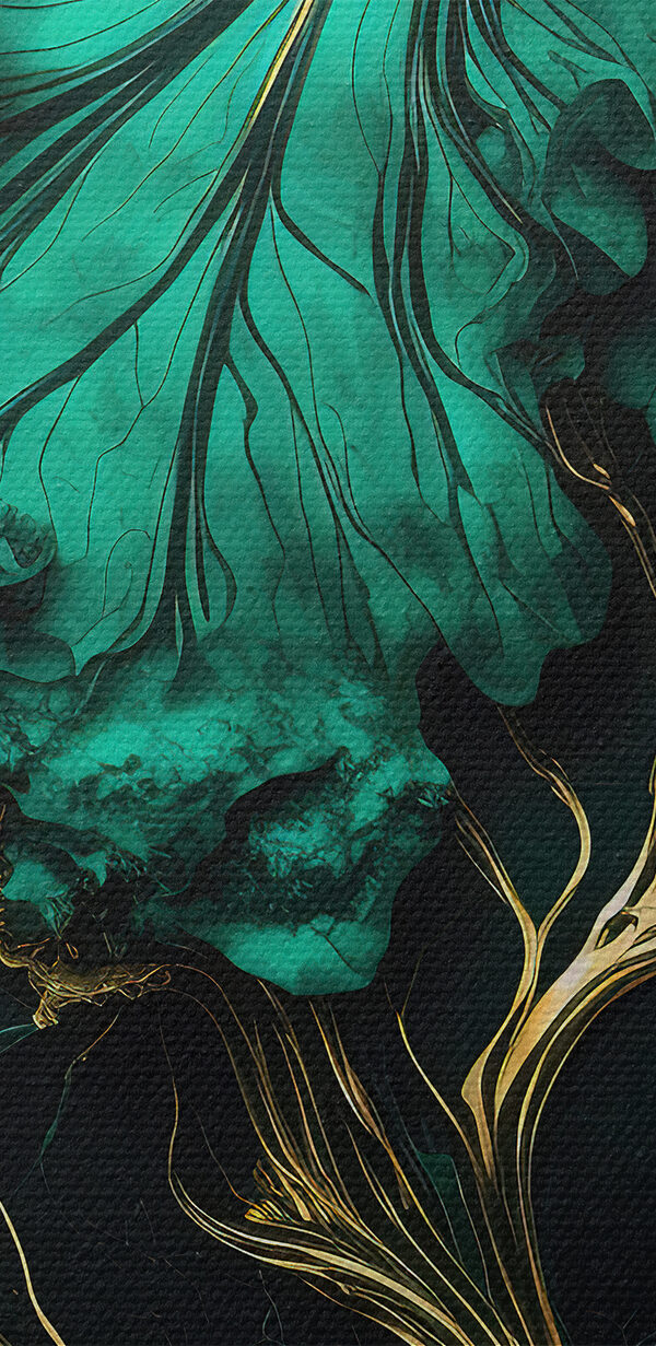 Elegantné teal listy s kovovými žilkami Elegantné teal listy s kovovými žilkami