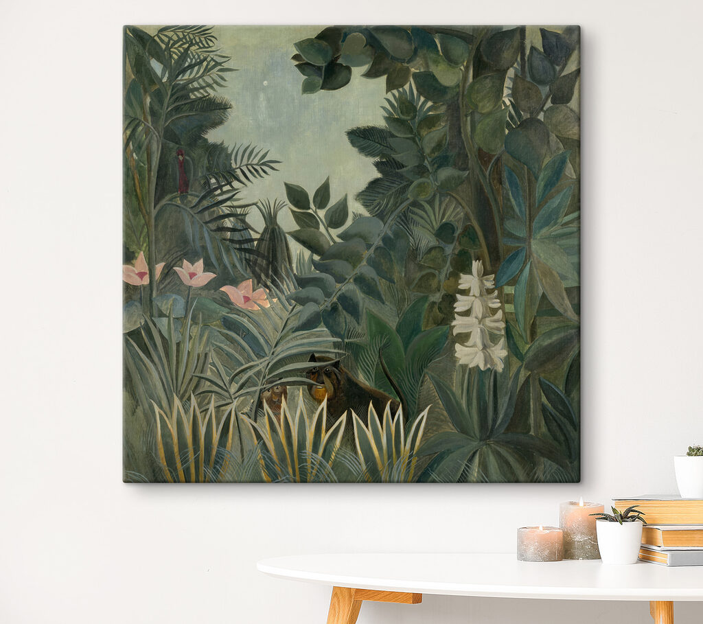 A painting of a jungle with plants and flowers A painting of a jungle with plants and flowers