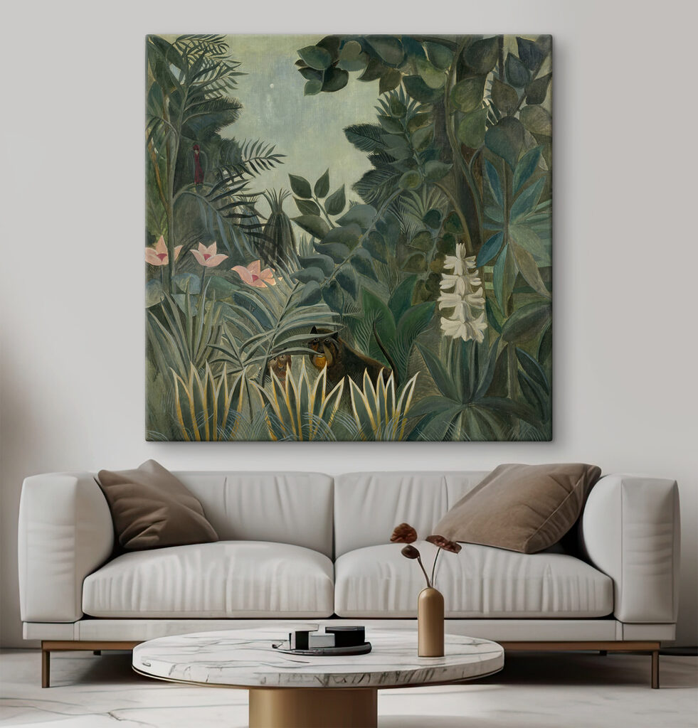A painting of a jungle with plants and flowers A painting of a jungle with plants and flowers