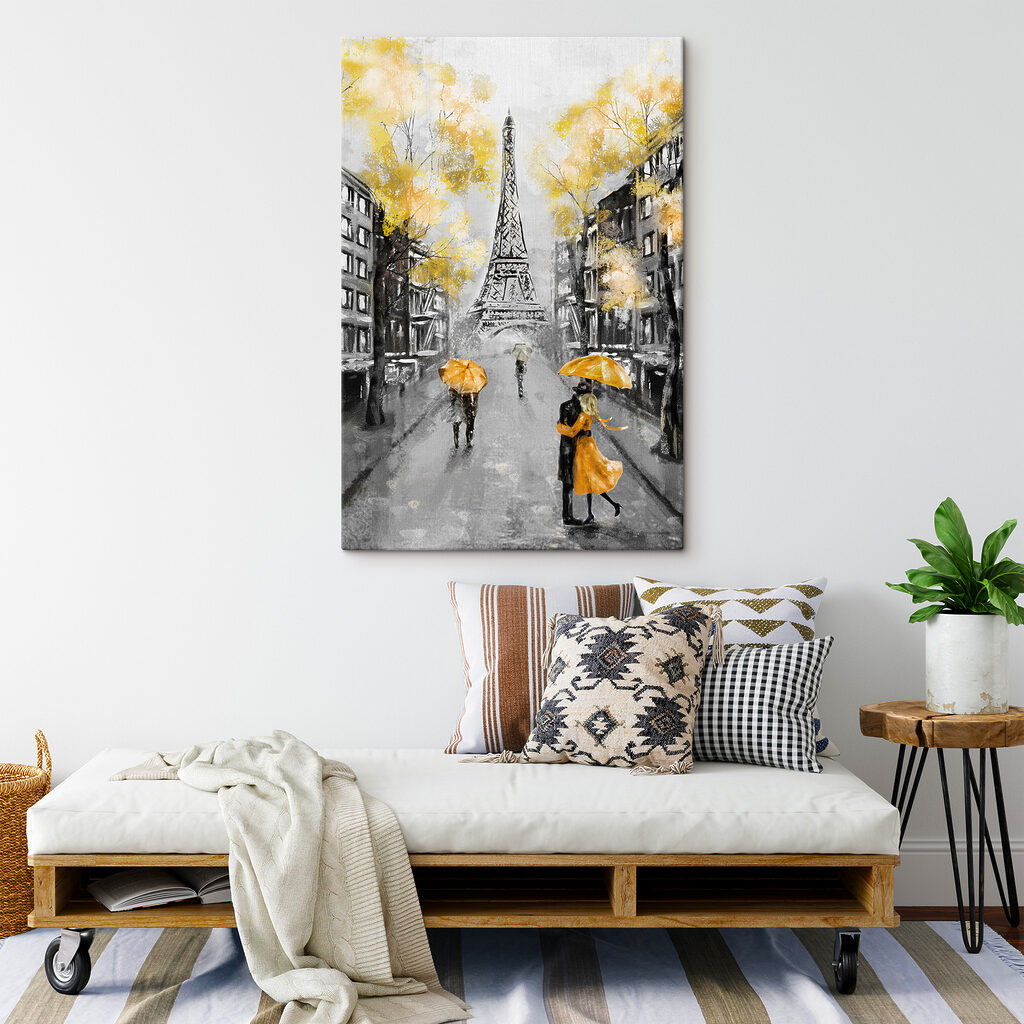 A painting of a street with people walking under an umbrella A painting of a street with people walking under an umbrella