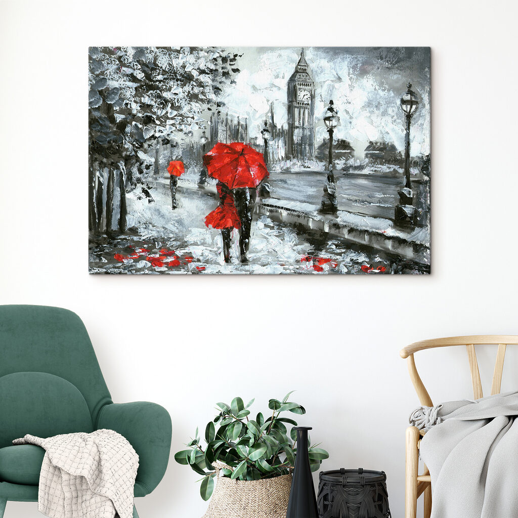 A painting of a couple holding umbrellas in a snowy city