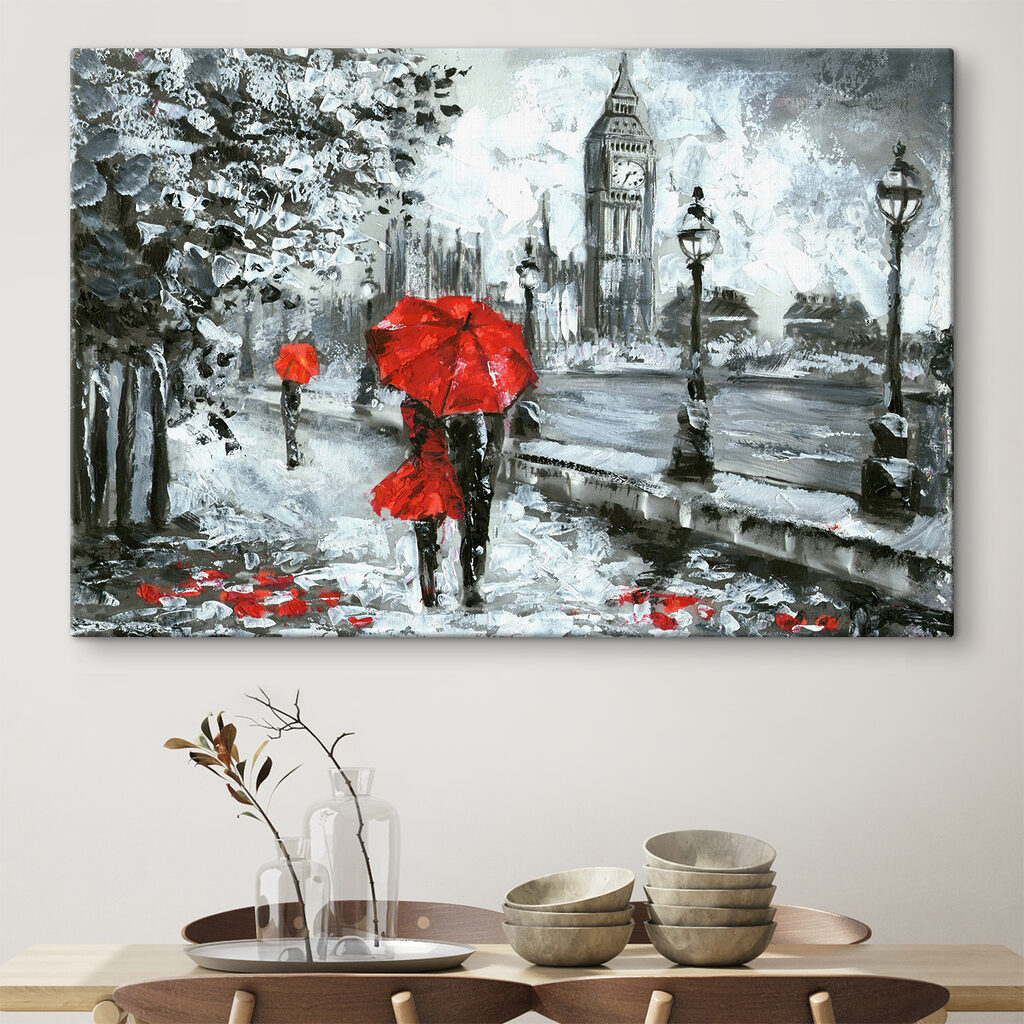 A painting of a couple holding umbrellas in a snowy city