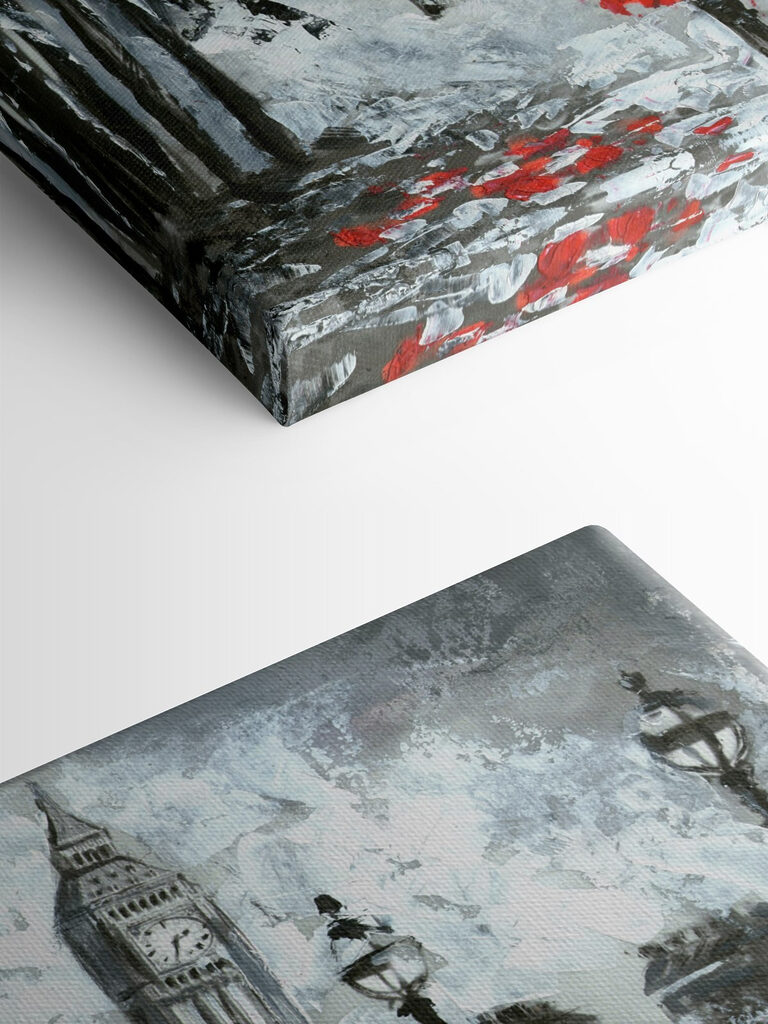 A painting of a couple holding umbrellas in a snowy city