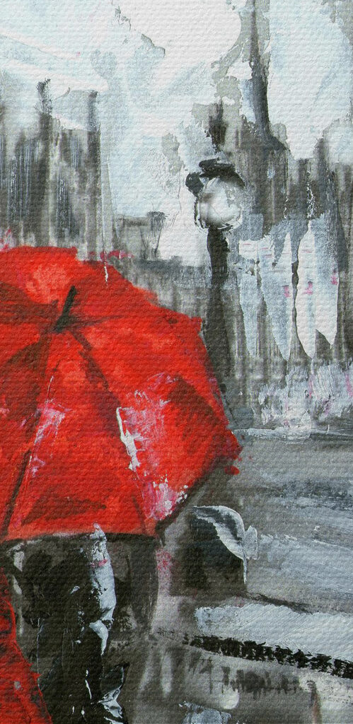 A painting of a couple holding umbrellas in a snowy city