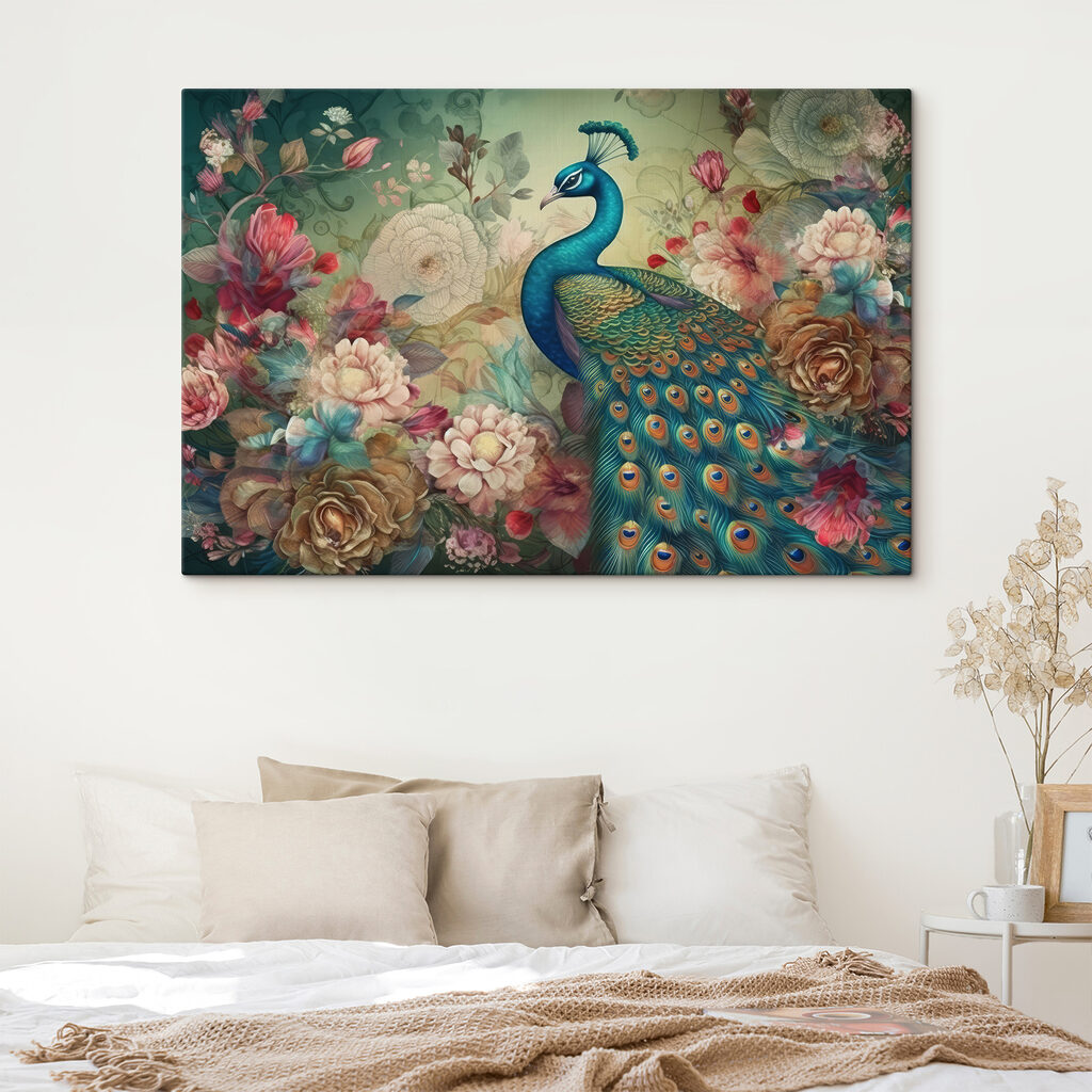 A peacock with flowers and leaves A peacock with flowers and leaves