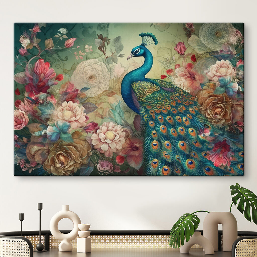 A peacock with flowers and leaves A peacock with flowers and leaves