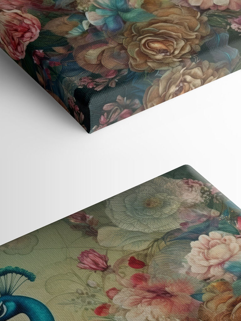 A peacock with flowers and leaves A peacock with flowers and leaves