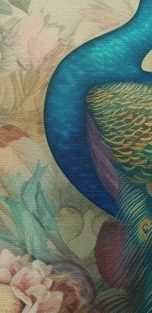 A peacock with flowers and leaves A peacock with flowers and leaves