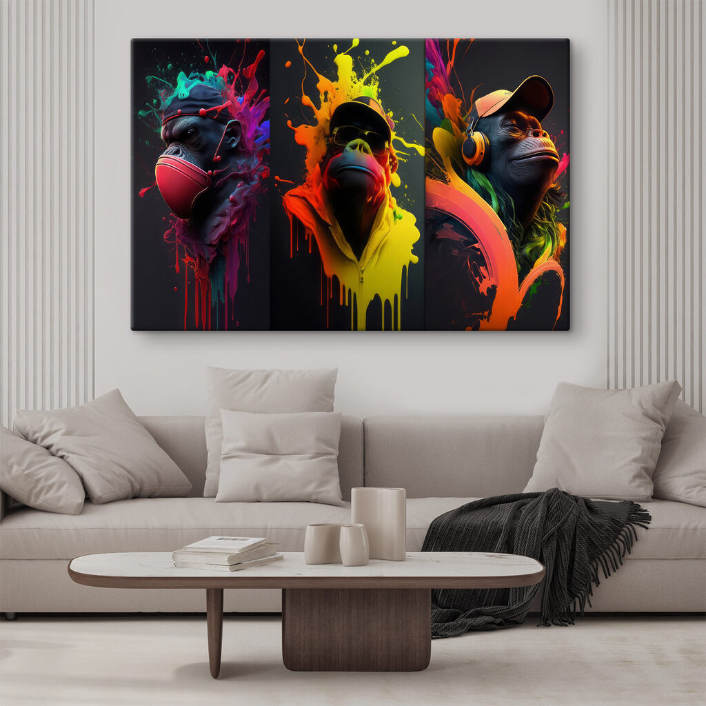 A collage of images of a monkey with colorful paint splashes