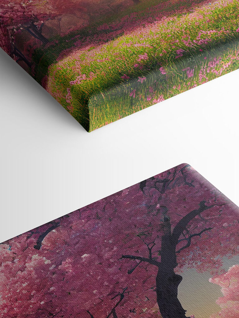 A field of pink flowers with trees