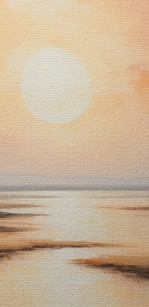 A painting of a sunset over a marsh