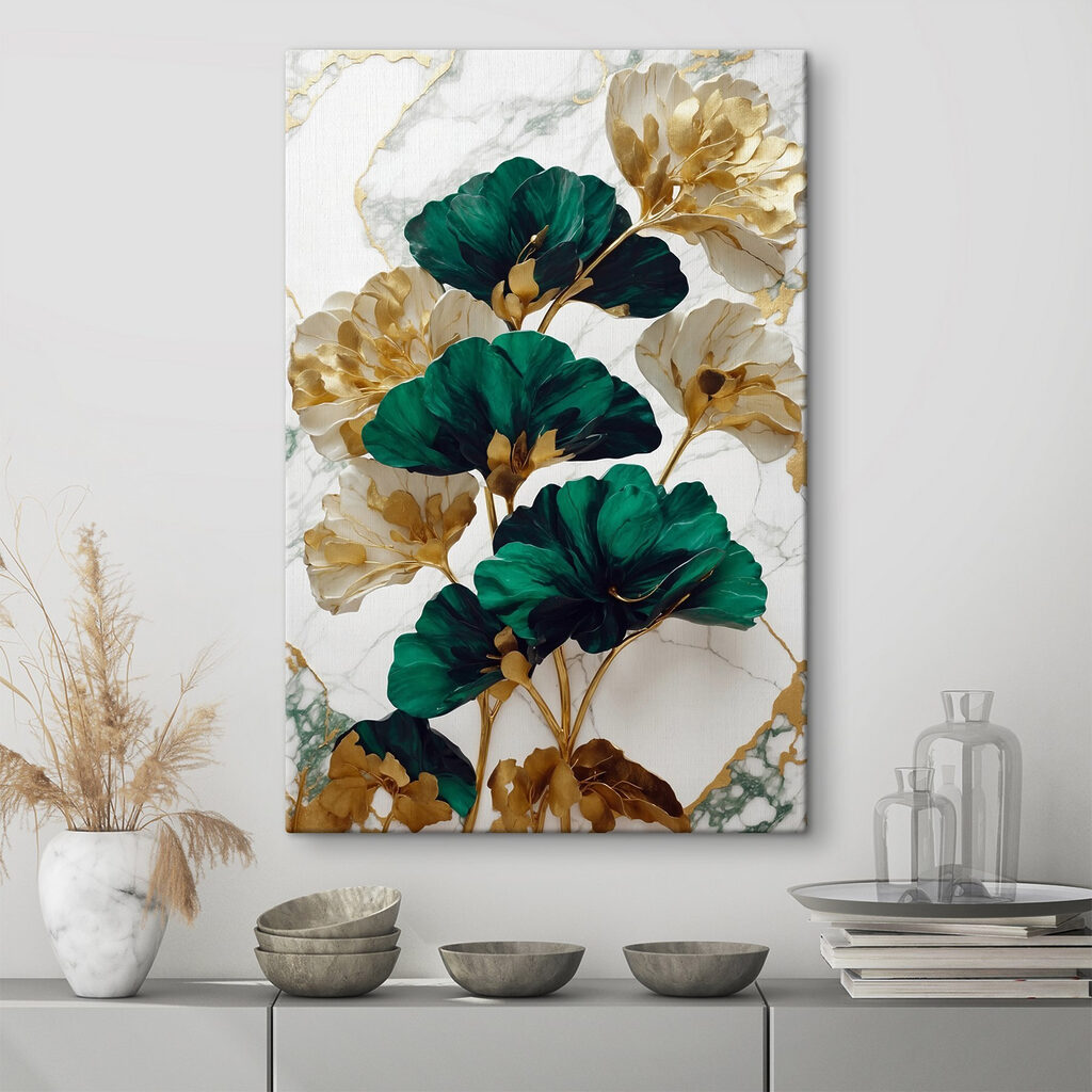 A green and white flowers on a marble surface