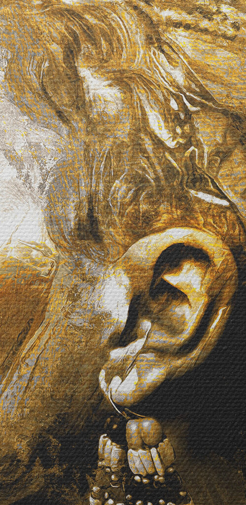 A woman with a turban and a hand on her chin A woman with a turban and a hand on her chin