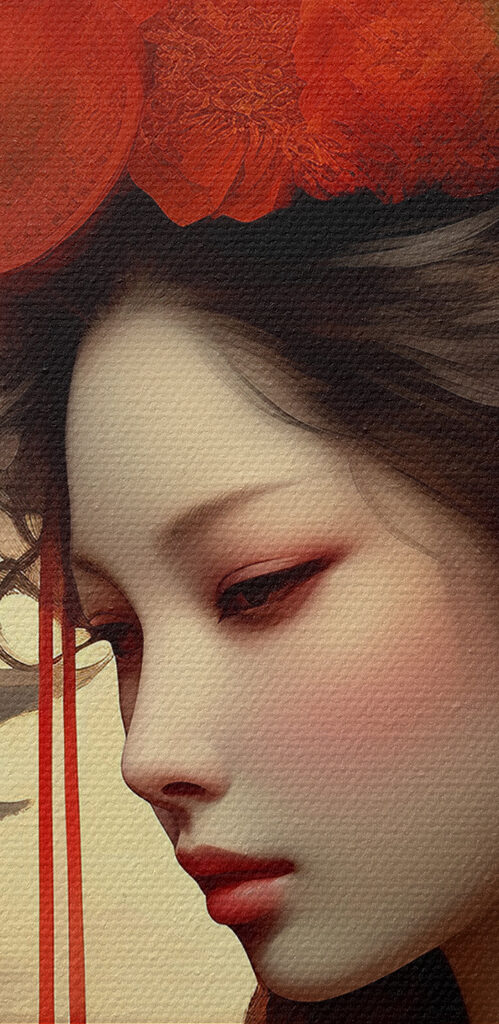 A woman with long hair and red flowers in her hair A woman with long hair and red flowers in her hair