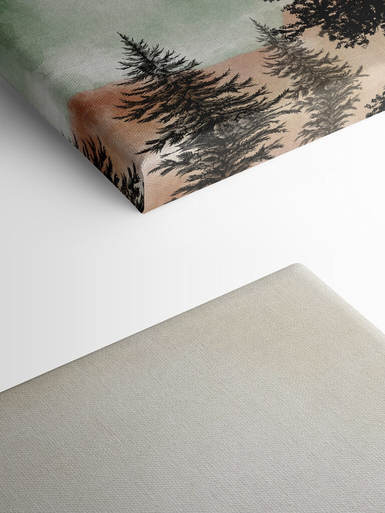 A painting of a mountain landscape with trees and mountains