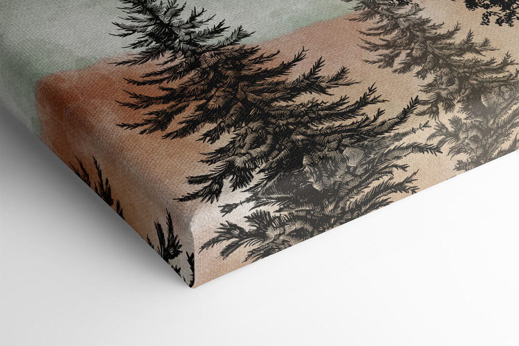 A painting of a mountain landscape with trees and mountains