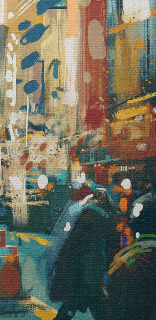 A group of people walking in a city