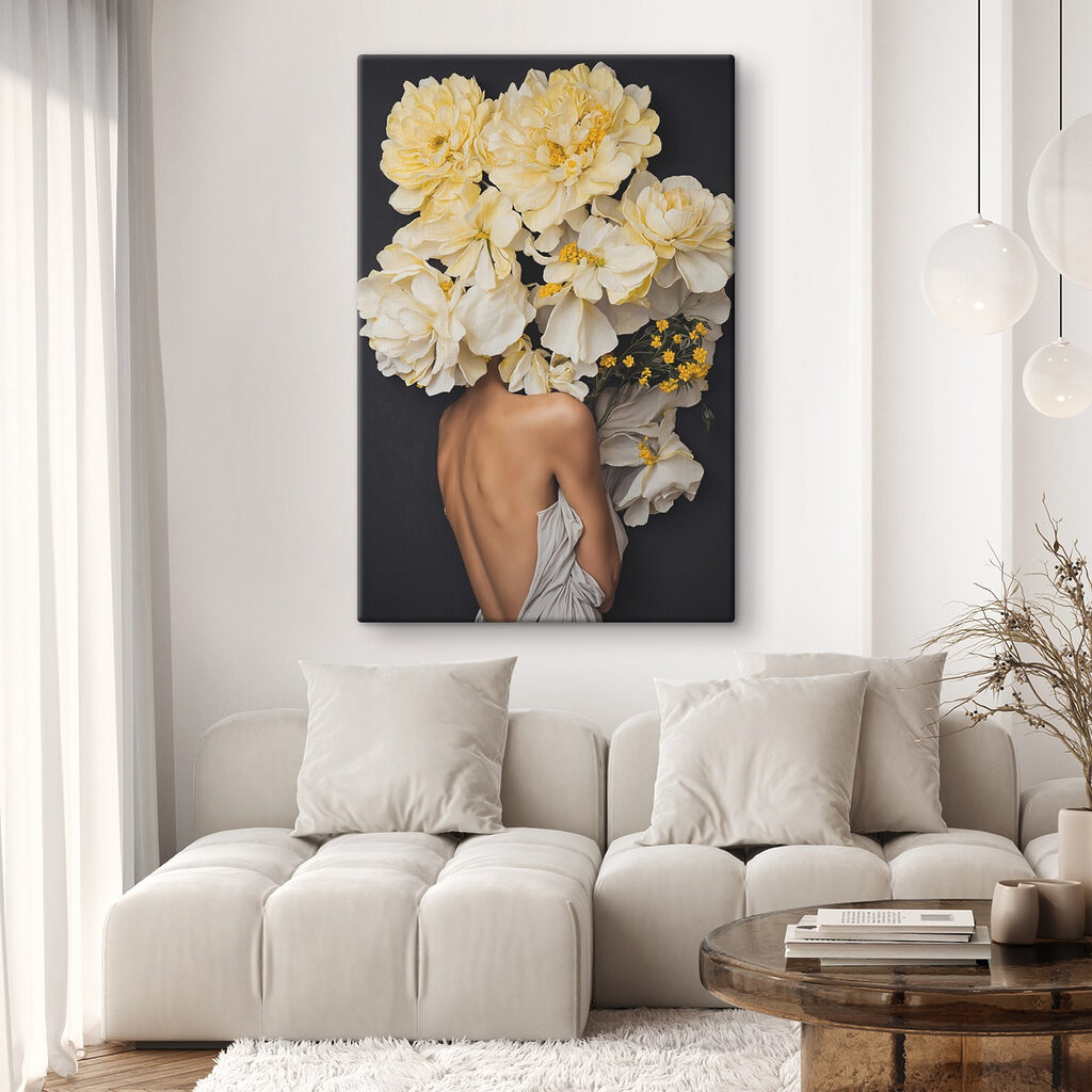 A woman with flowers over her head A woman with flowers over her head