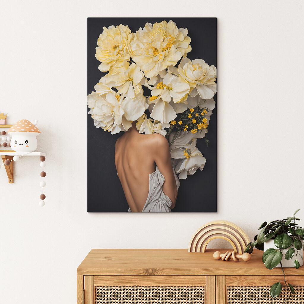 A woman with flowers over her head A woman with flowers over her head