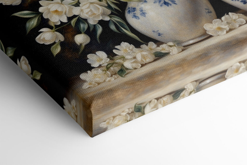 A painting of white flowers in vases A painting of white flowers in vases