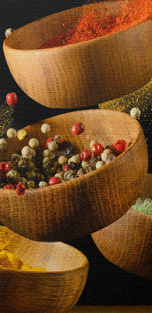 A group of bowls with spices and herbs A group of bowls with spices and herbs