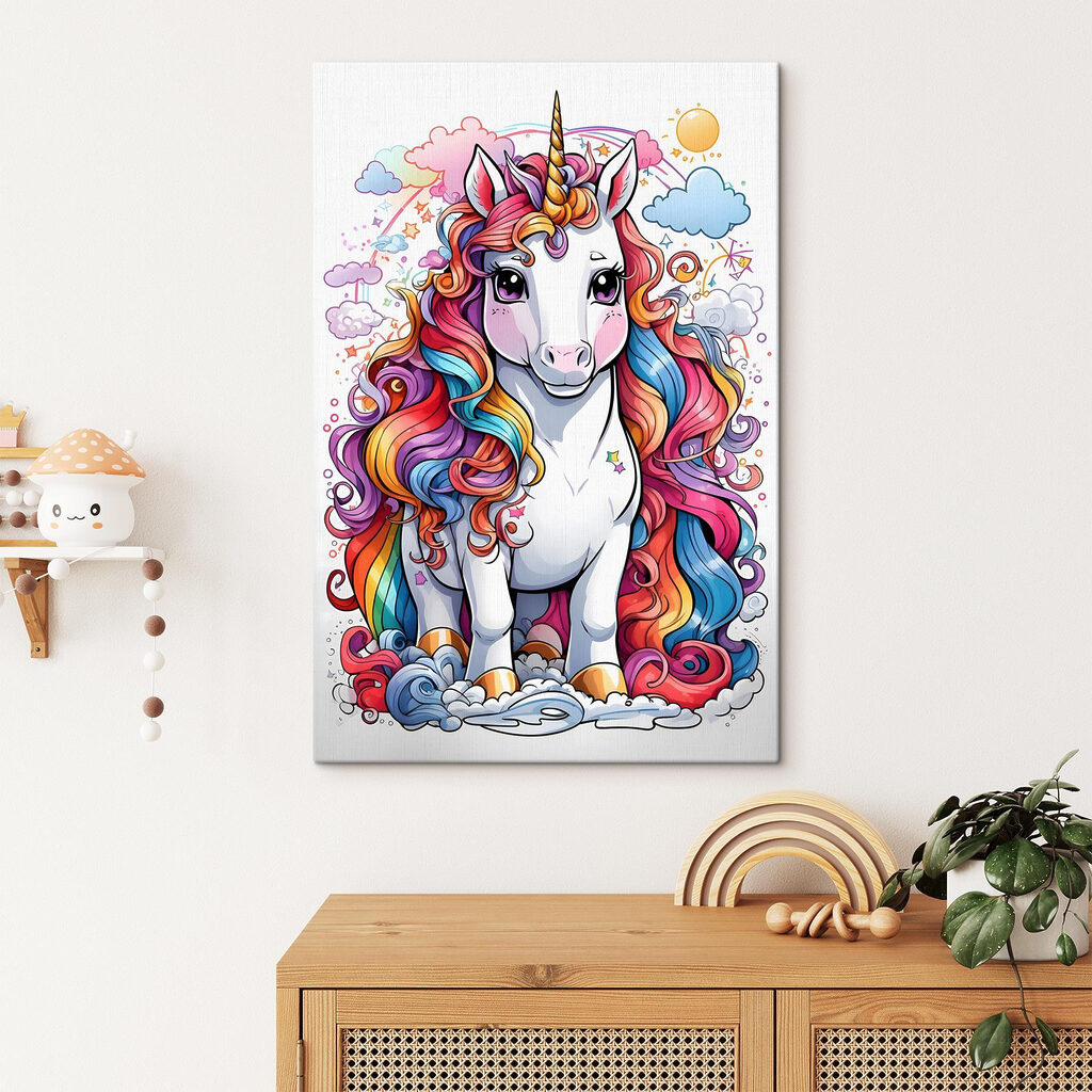 A cartoon unicorn with rainbow hair