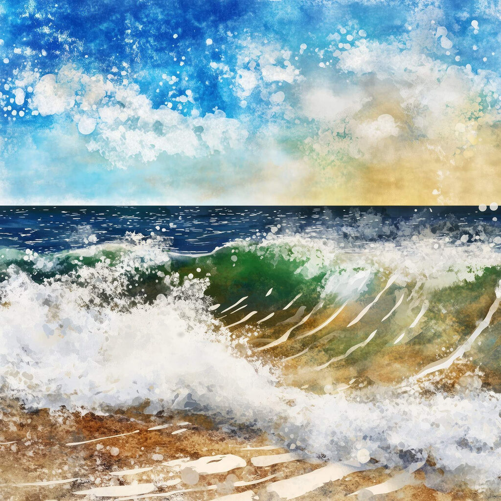 Watercolor of waves crashing on a beach