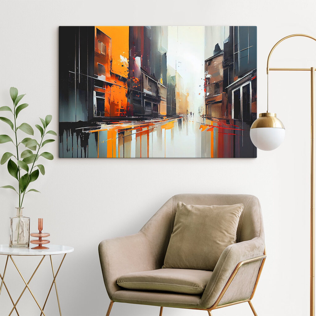 A painting of a street with buildings