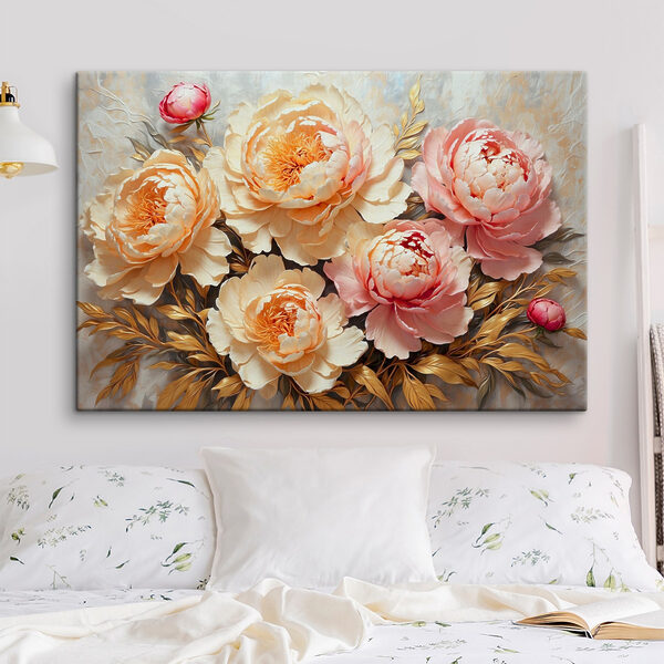 Peonies blooming amid lush foliage