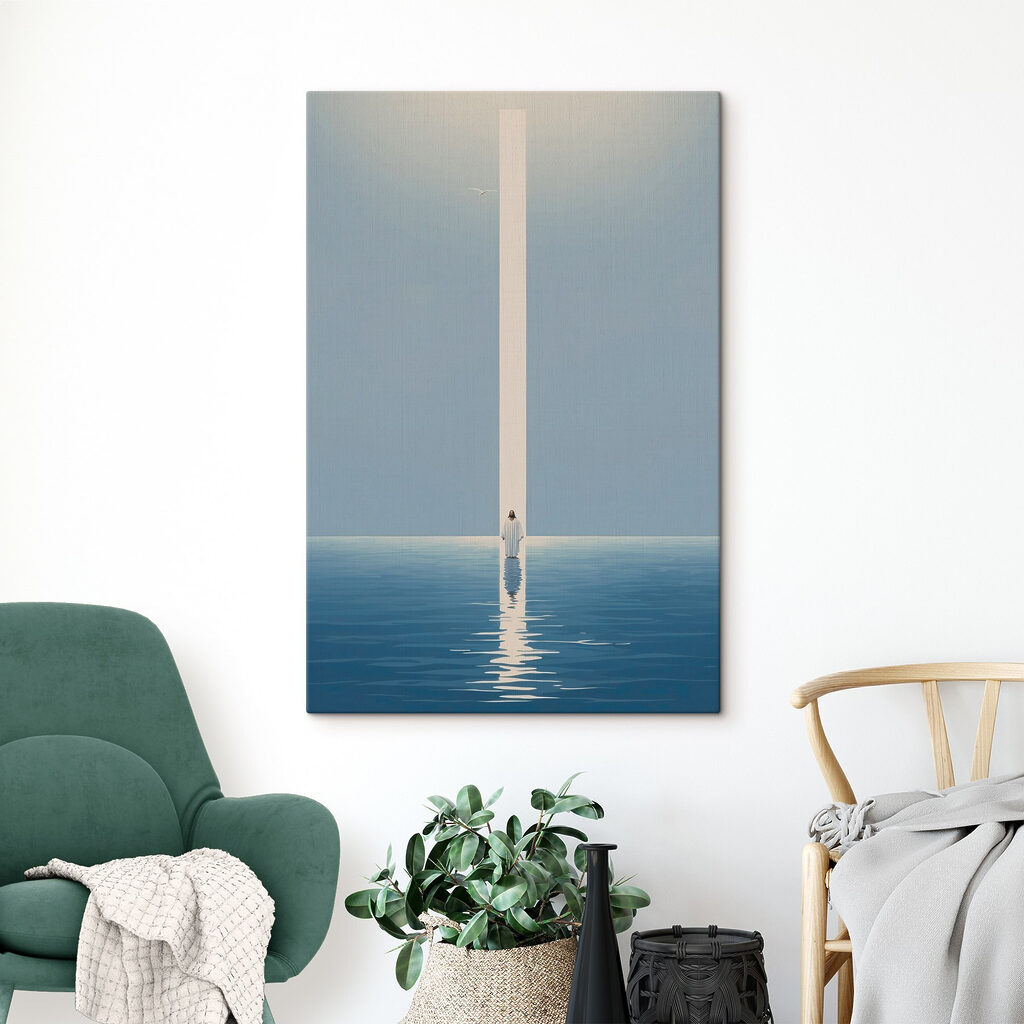 A person standing in water with a light beam A person standing in water with a light beam