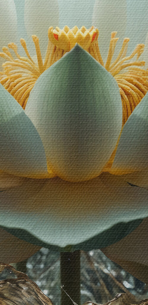 A white flower with yellow center and water splashing out A white flower with yellow center and water splashing out