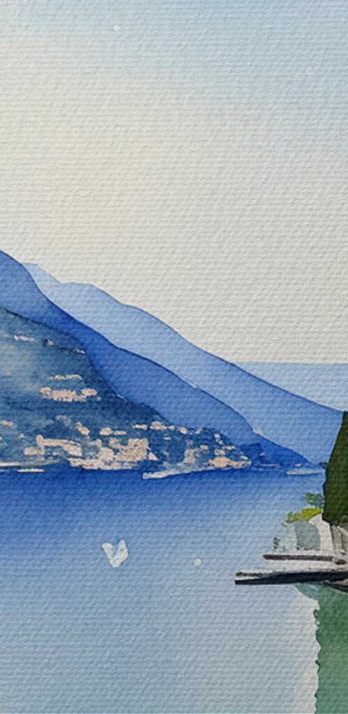 Watercolor painting of a city and a body of water