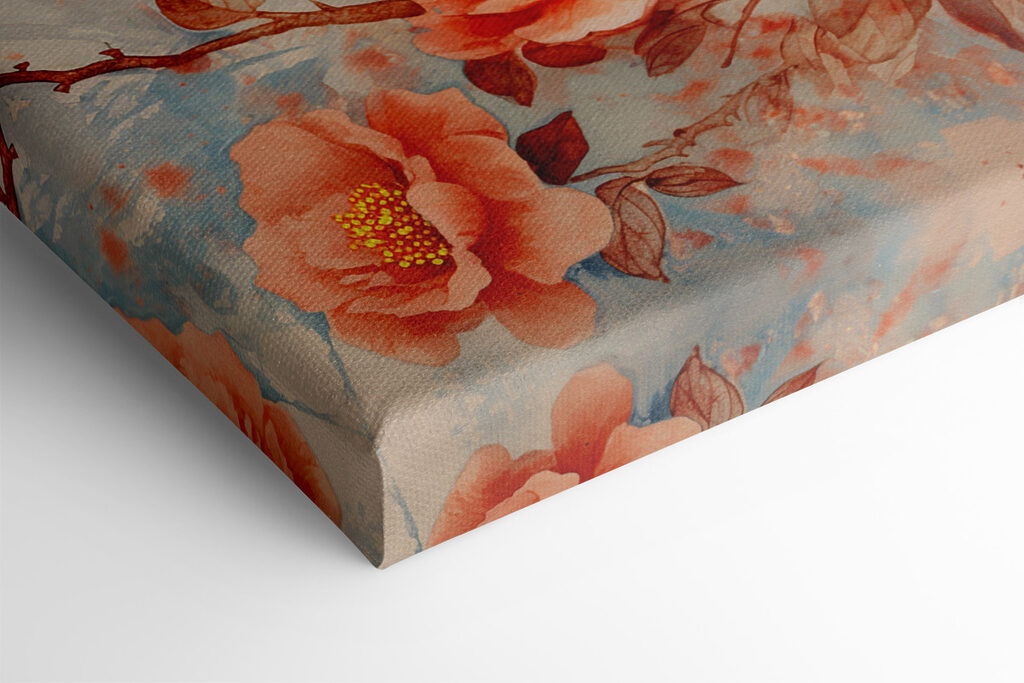 A painting of a peacock on a branch with flowers A painting of a peacock on a branch with flowers