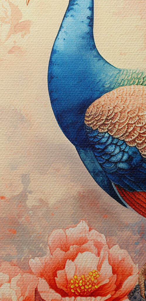 A painting of a peacock on a branch with flowers A painting of a peacock on a branch with flowers