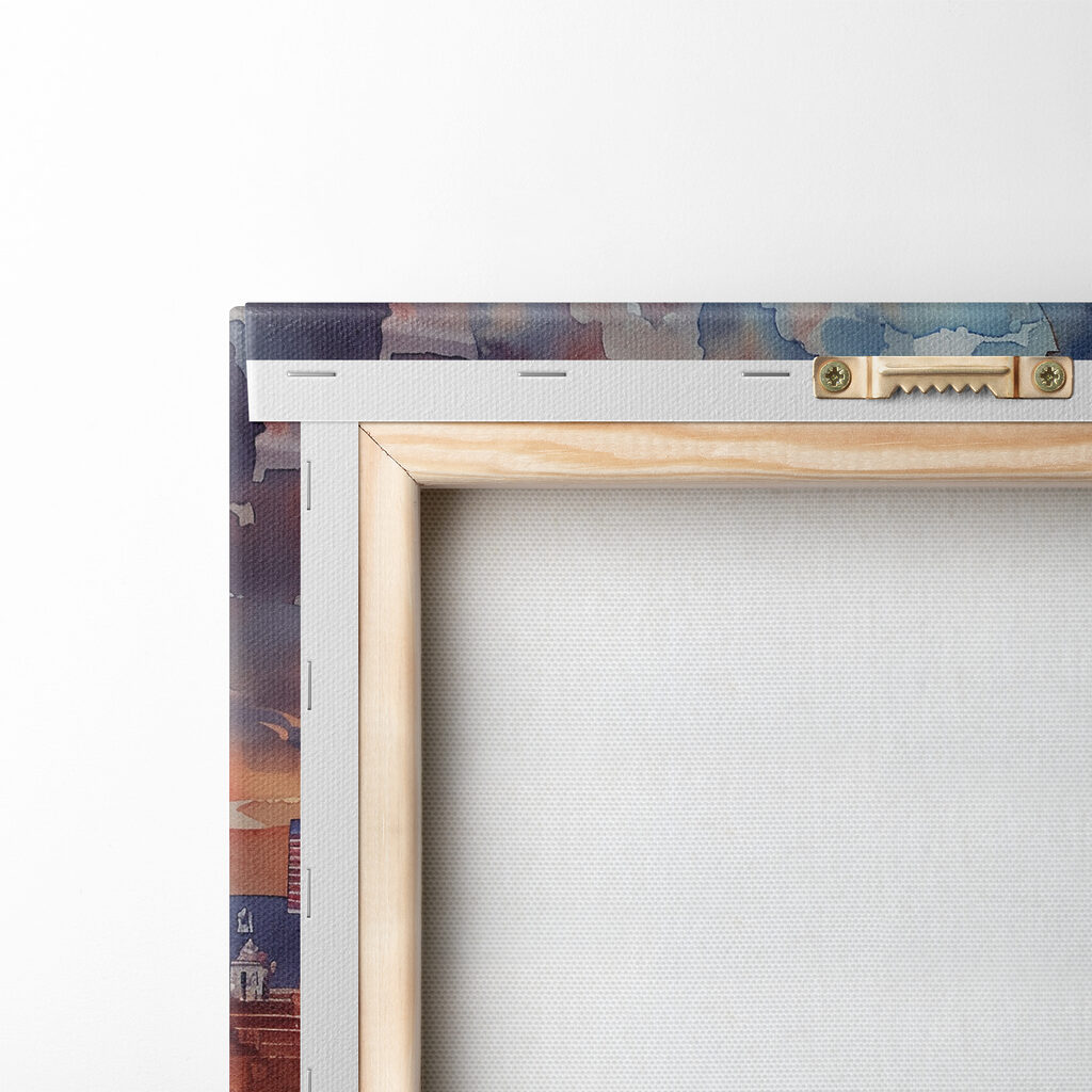 A watercolor painting of a city with a clock tower and a river A watercolor painting of a city with a clock tower and a river