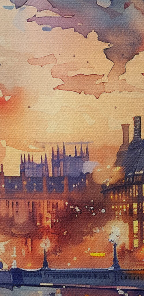 A watercolor painting of a city with a clock tower and a river A watercolor painting of a city with a clock tower and a river