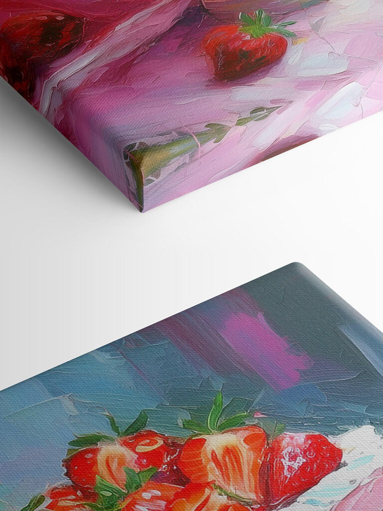 A painting of a cake with strawberries on top A painting of a cake with strawberries on top