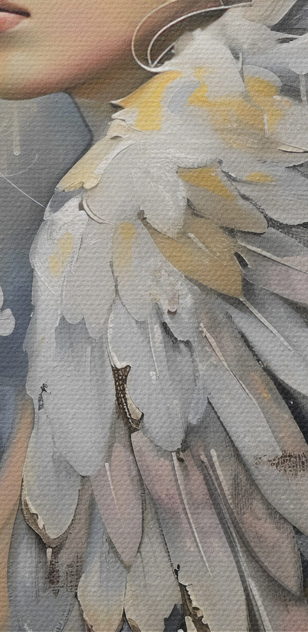 A painting of a woman with wings and flowers