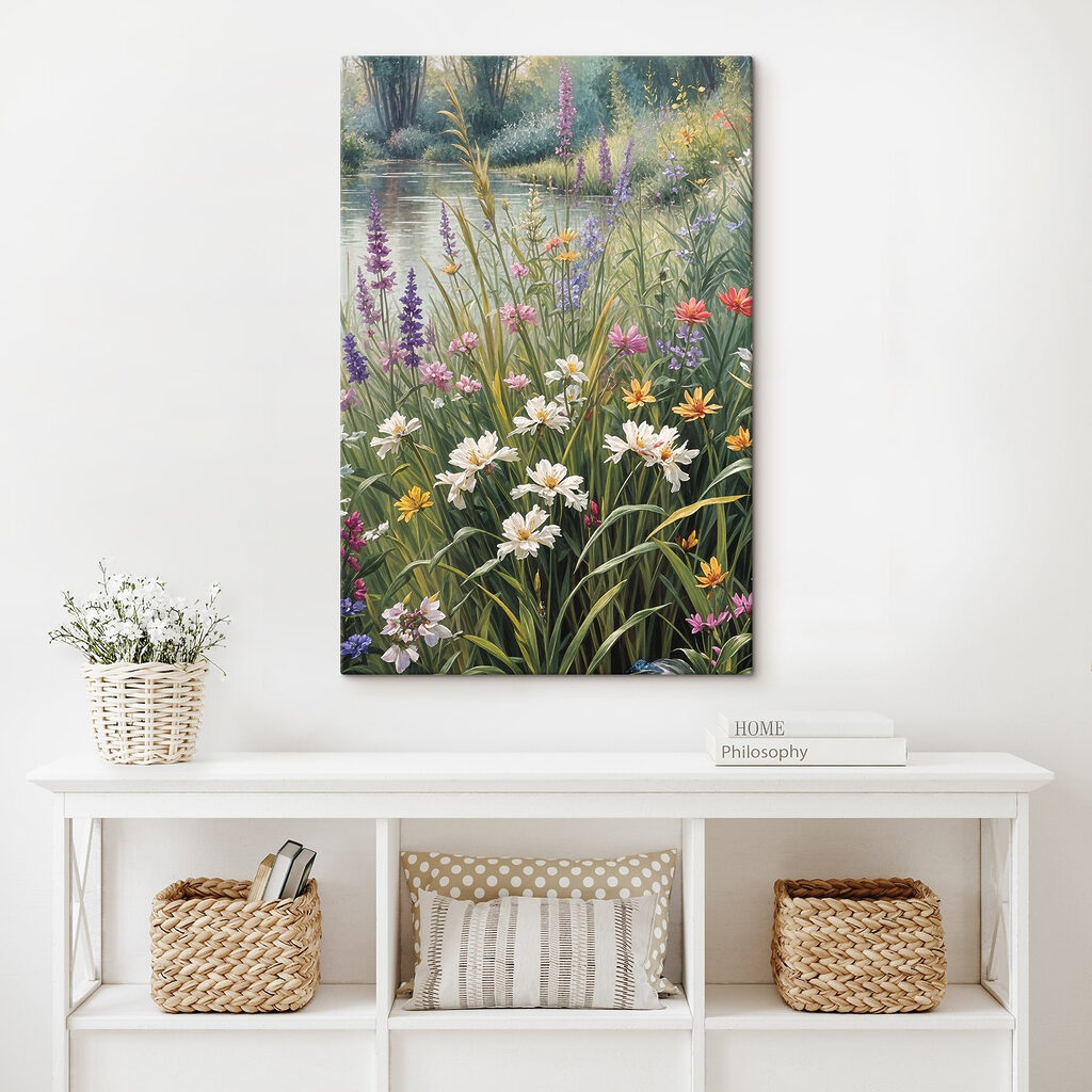 A painting of flowers by a river A painting of flowers by a river