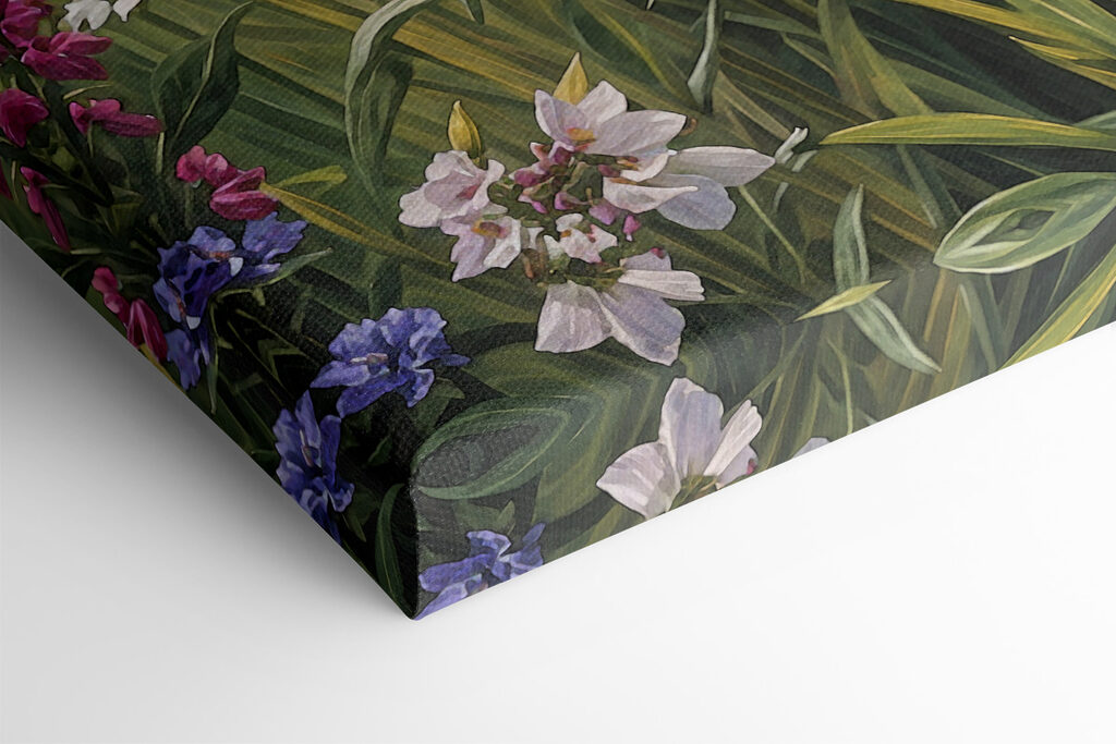 A painting of flowers by a river A painting of flowers by a river